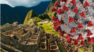 Machu Picchu, Peru with huge coronavirus looming over it