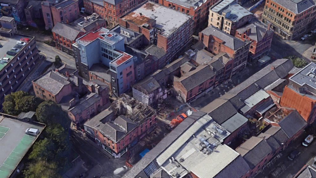 aerial shot of Manchesters northern quarter showing Thomas Street