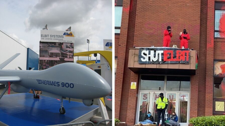 Composite image with phot of Hermes 900 drone next to activists occupying Elbit owned factory in Oldham.