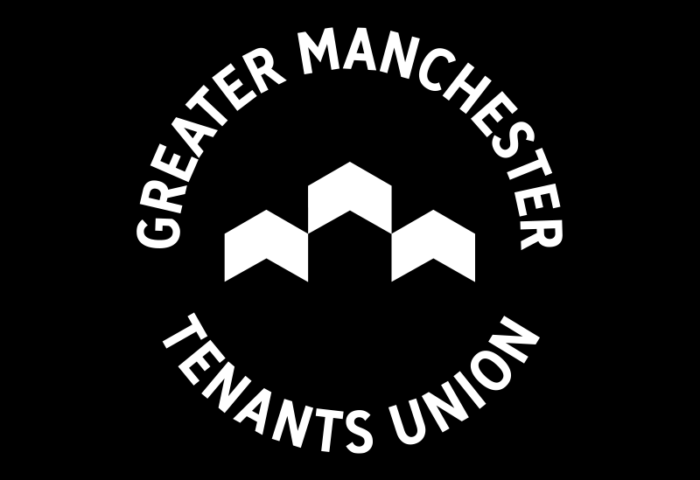 Greater Manchester Tenants Union (GMTU) logo, consisting of three white chevrons on a black background pointing upwards in an arrow formation, surrounded by a circle of text spelling out the organisation's name.