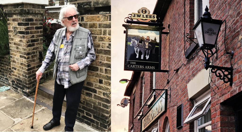 Photograph of folk producer Bill Leader outside his old studio at 5 North Villas, London, his home and recording studio from 1958 to 1973; and next to it a colour photograph of the Carter's Arms pub in Rhodes, Middleton, where the Oddies folk night is currently held. Taken by Danny Moran