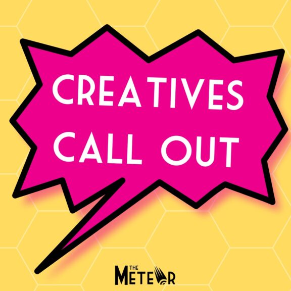 Graphic used in the 'A just GM' campaign, consisting of "creatives call out" in white text in a pink jagged speech bubble on a yellow background