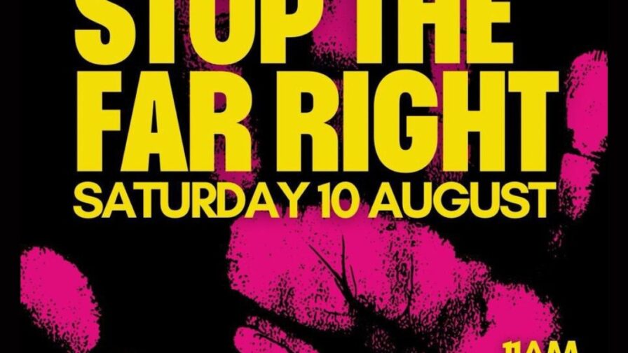 A black background with a pink handprint and yellow text over the top, reading as follows: "National day of protest Stop the far Right Saturday 10 August 11am unity rally in Piccadilly Gardens @manchestersutr"